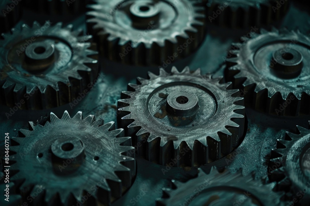 A bunch of gears sitting on top of a table. Suitable for industrial concepts A bunch of gears sitting on top of a table. Suitable for industrial concepts
