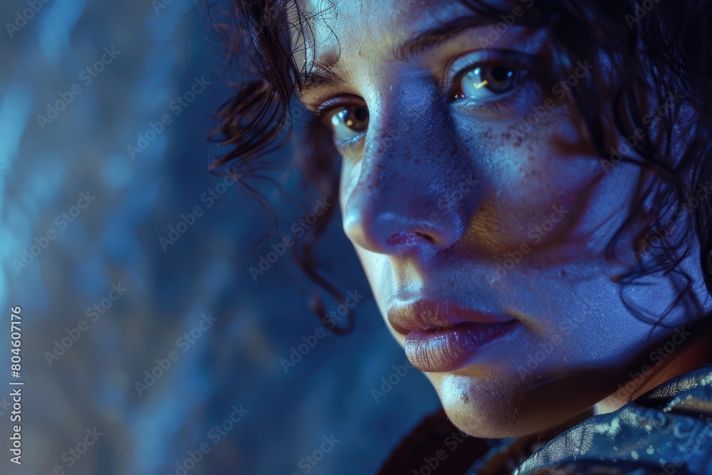 Close up of a woman's face on a blue background, suitable for beauty and skincare concepts