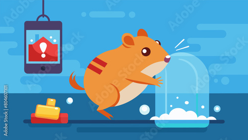 A pet hamster escapes from its cage and falls into a an emergency alert is sent to the owners phone prompting them to rush home and save their tiny. Vector illustration