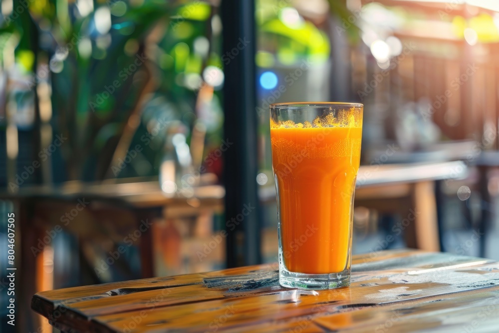 Refreshing glass of orange juice on a rustic wooden table. Perfect for food and beverage concepts Refreshing glass of orange juice on a rustic wooden table. Perfect for food and beverage concepts