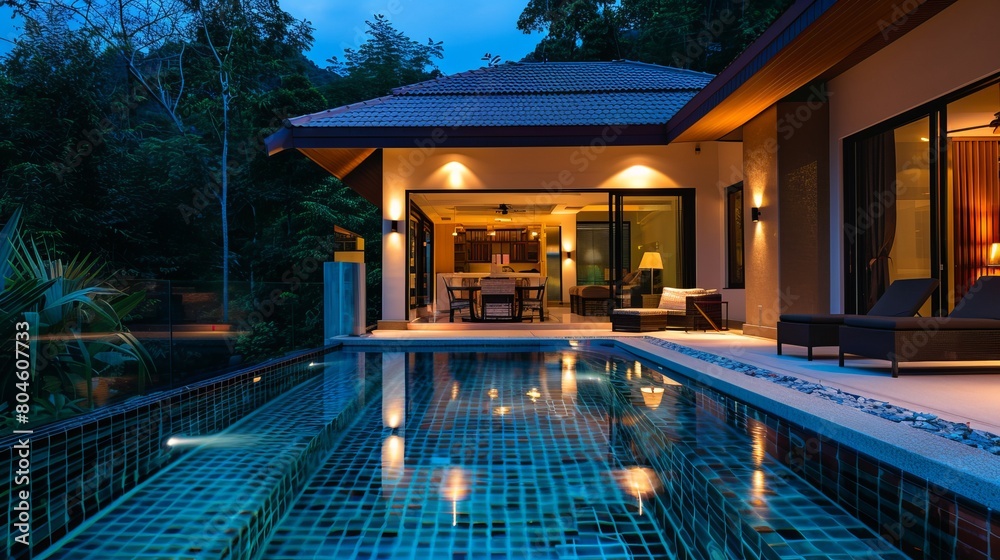 Luxurious interior and exterior design showcase a villa with a pool ...