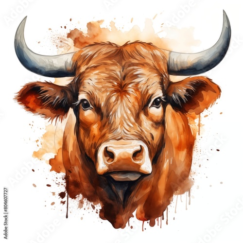 Bull head. Bull clipart. Watercolor illustration. Generative AI. Detailed illustration.