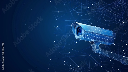 Modern CCTV surveillance concept depicted in abstract low poly wireframe mesh design, emphasizing connection points and lines against a dark blue background. photo