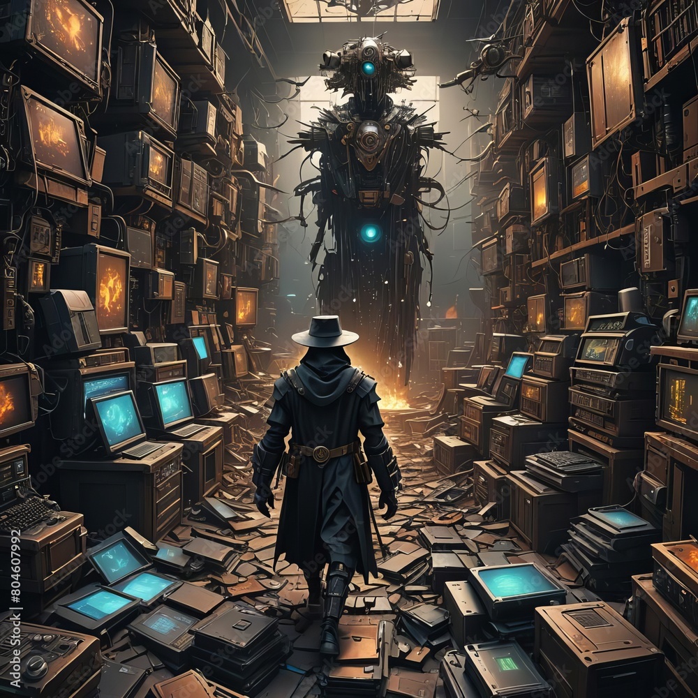 Man Walking Through Library of Books. Generative AI