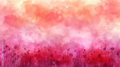  A painting of red and pink flowers against a pink and white background, with a red and pink sky overhead