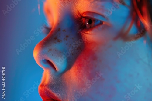 Close up of a child's face with freckles. Suitable for various projects