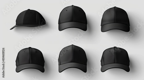Realistic 3D mockup set of black caps, including sport baseball caps with visors and uniform hats from various angles. Ideal for headwear design illustrations. photo