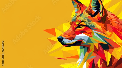   A fox image against a yellow backdrop, adorned with a red, yellow, and green design up front photo
