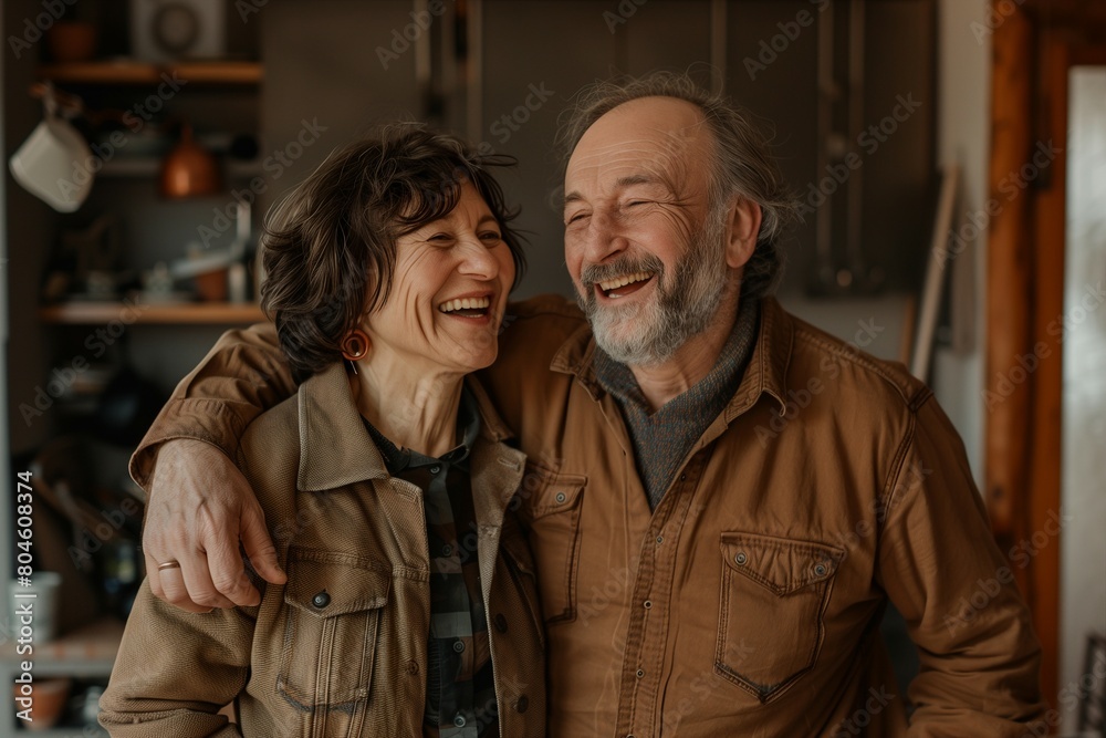 An older married couple is captured in their home interior, sharing moments of joy and laughter as they stand together, hugging with love