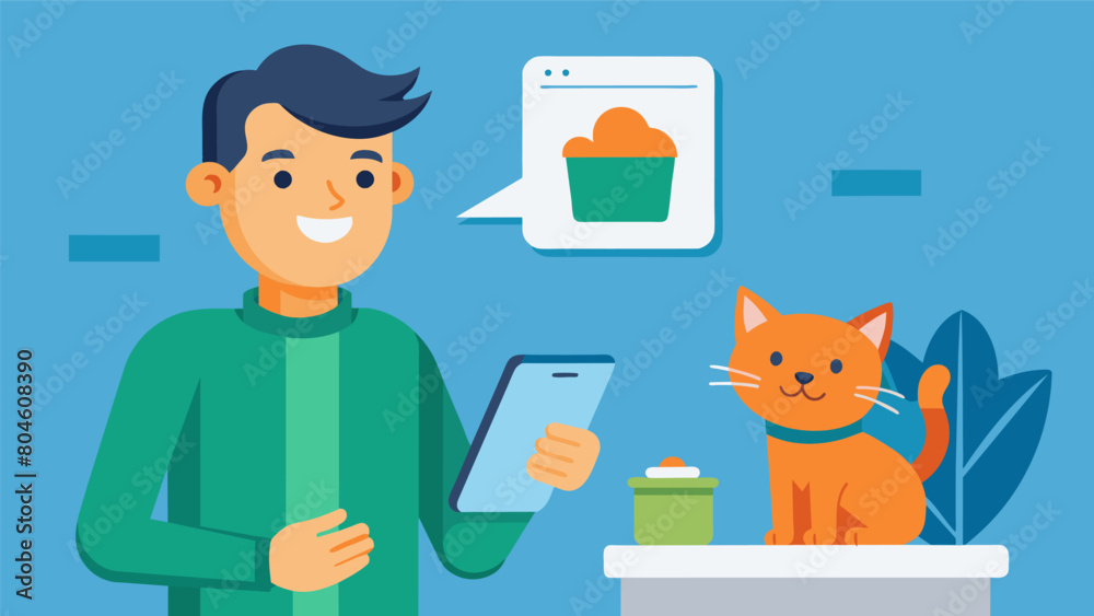 An owner smiling as they receive a notification from the app that their cat finally used the litter box.. Vector illustration An owner smiling as they receive a notification from the app that their cat finally used the litter box.. Vector illustration