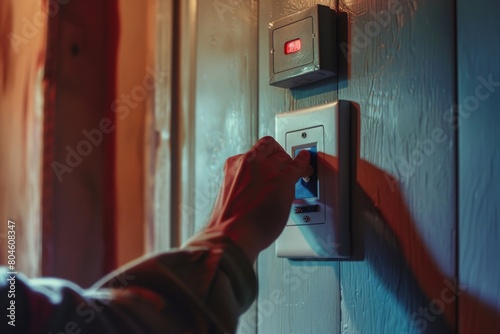 Person pressing button on wall  suitable for technology concepts