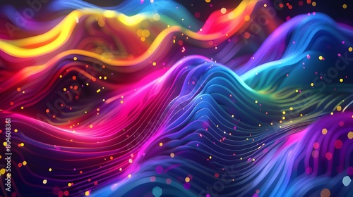 Abstract background with many glowing neon light lines of different colors 