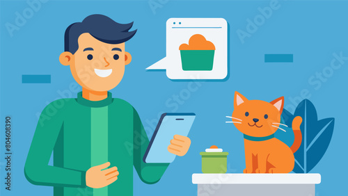 An owner smiling as they receive a notification from the app that their cat finally used the litter box.. Vector illustration