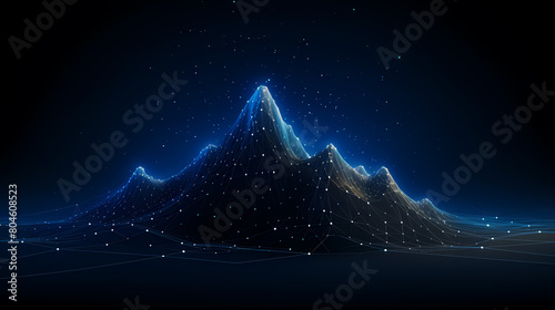 Digital mountain range made of glowing lines and dots