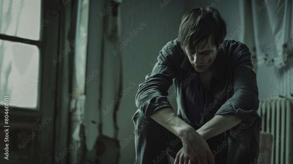 A man sitting on the floor in a dark room. Suitable for illustrating loneliness or despair A man sitting on the floor in a dark room. Suitable for illustrating loneliness or despair