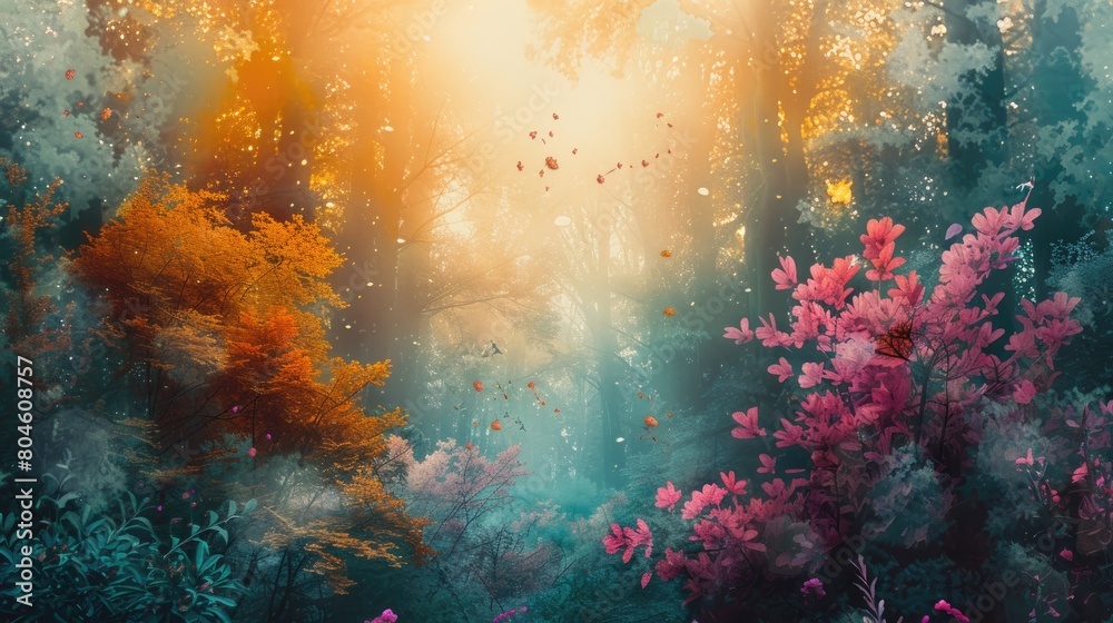 A beautiful painting of a forest with a lot of colorful trees and flowers. The sun is shining through the trees.