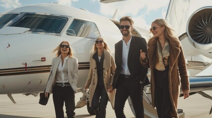 Group of people walking towards a private jet. Ideal for travel and luxury concepts