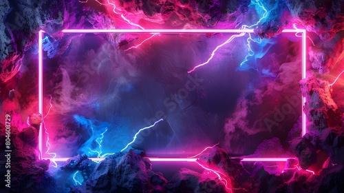 A realistic modern illustration of a rectangular border glowing in darkness containing toxic purple smoke and lightning discharges Design element of neon purple toxic smoke and lightning discharges 