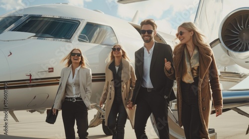 Group of people walking towards a private jet. Ideal for travel and luxury concepts photo