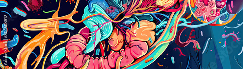 Stunning wide-format artwork depicting human anatomy in a vivid  abstract style with energetic color splashes and dynamic forms.