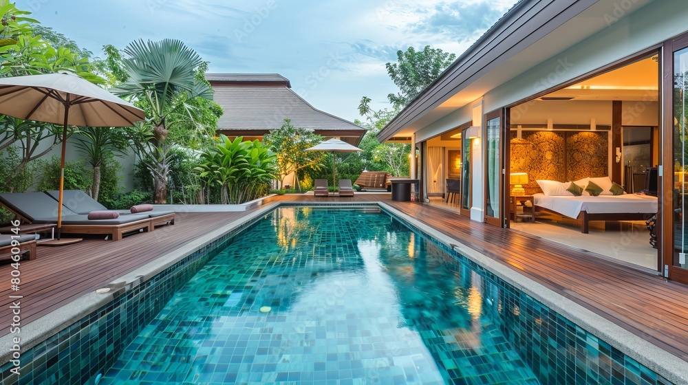 The garden of a luxury home features a swimming pool and decking.