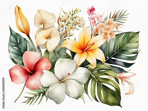 digital watercolor botanical illustration wild tropical flowers isolated on white background Paradise garden Palm leaves monstera calla lily frangipani hydrangea gerber Floral arrangement