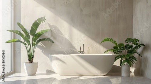 The interior of a well-lit bathroom includes a bathtub and a houseplant.