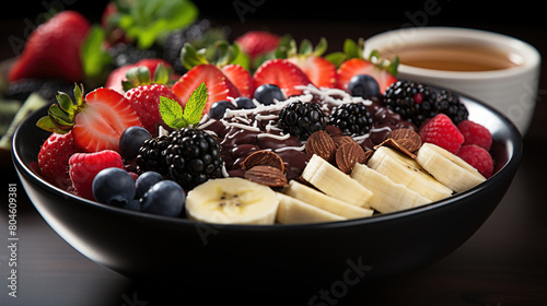 Delicious Healthy Açai Bowl With Fruits On Isolated Blurry Background photo