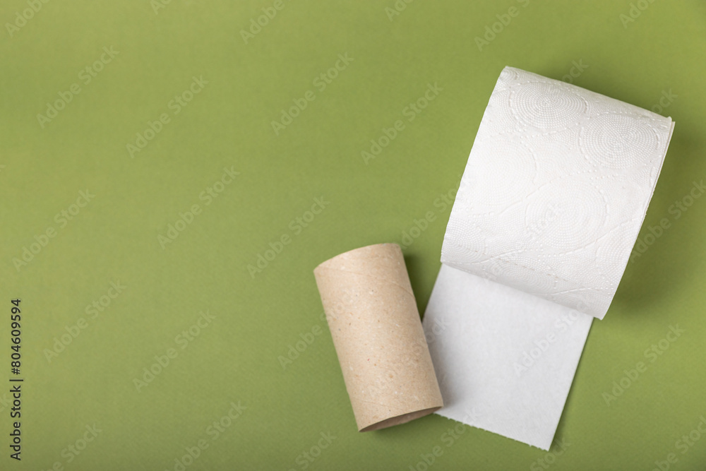 Obraz premium Empty toilet paper roll. Rolls of toilet paper on background. Paper tube of toilet paper. Place for text. Copy space. Flat lay. Eco-friendly reuse recycle