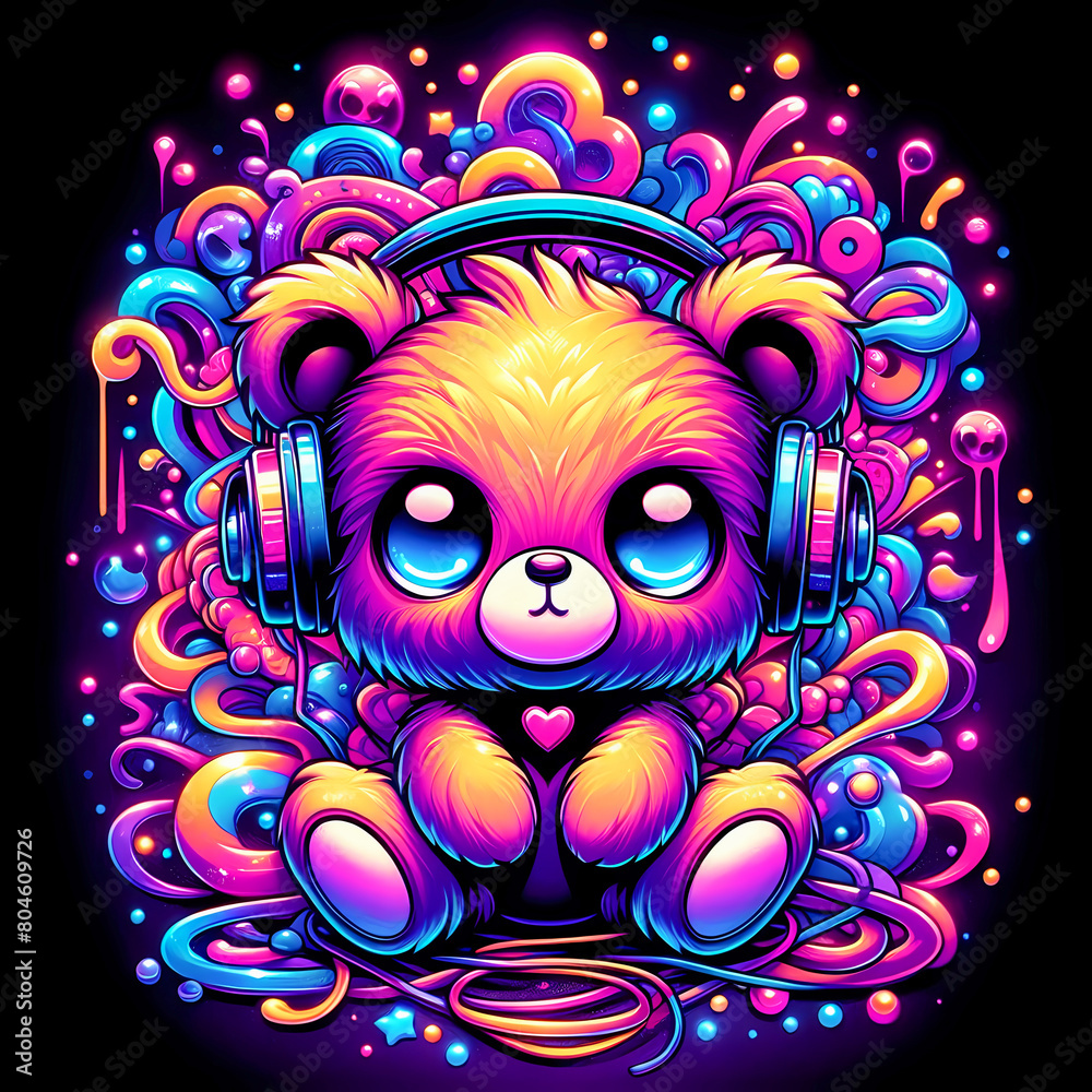 digital art vibrant colorful psychedelic chibi eyed teddy bear with headphones vibin to music