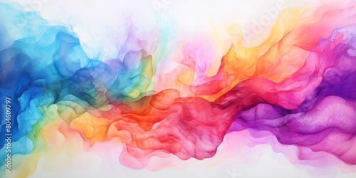 A detailed closeup of a vibrant watercolor painting featuring a rainbow of colors on a white background, evoking a dreamy atmosphere with hints of purple, pink, and blue clouds © AminaDesign