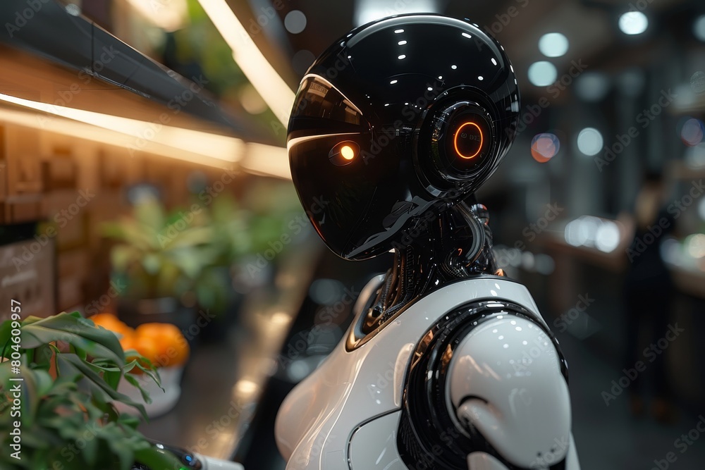 Fototapeta premium An advanced humanoid robot with a glossy black head, positioned in a modern kitchen setting, evoking a sense of future technology