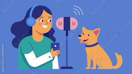 A proud owner recording their voice for the dispenser to recognize as their pet looks on with curiosity.. Vector illustration