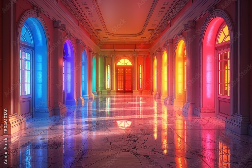 A lavish image depicting a series of colored neon-lit arches lining a traditional grand hallway, casting reflective glows A lavish image depicting a series of colored neon-lit arches lining a traditional grand hallway, casting reflective glows