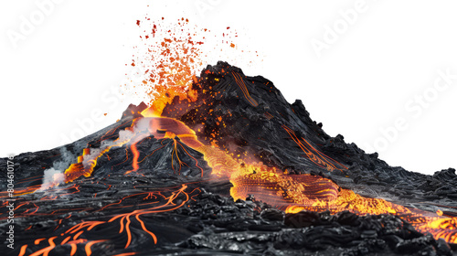 Erupting volcano with glowing lava and ash clouds cut out on transparent background