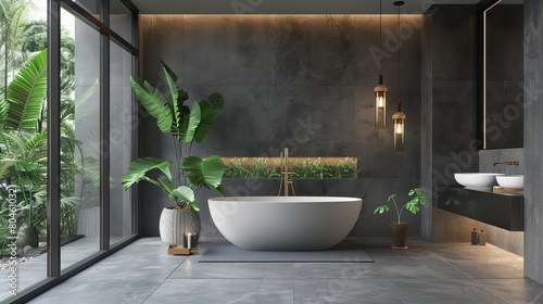 This modern grey bathroom with a bathtub is presented in a 3D rendering.