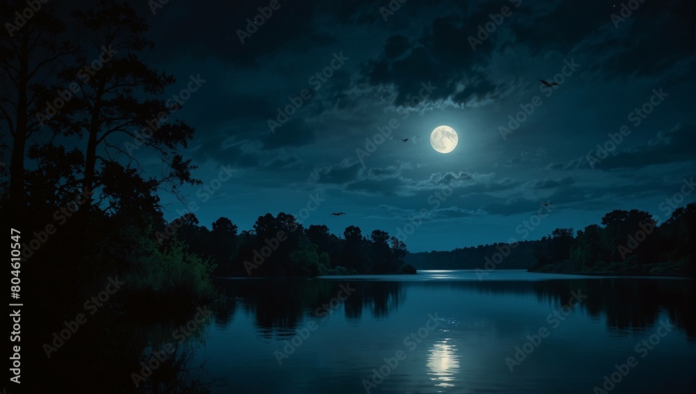 A full moon over a calm lake at night, with trees and clouds.