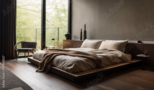 A minimalist bedroom with a platform bed and earth-toned bedding, exuding simplicity and tranquility in shades of brown.