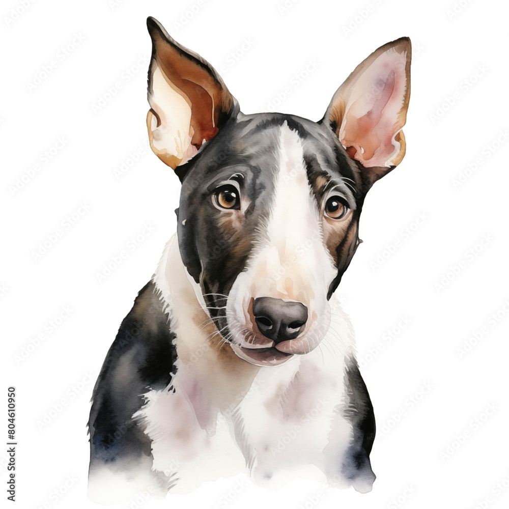 English bull terrier. Bully terrier. Puppy dog. Watercolor illustration. Generative AI. Detailed illustration.