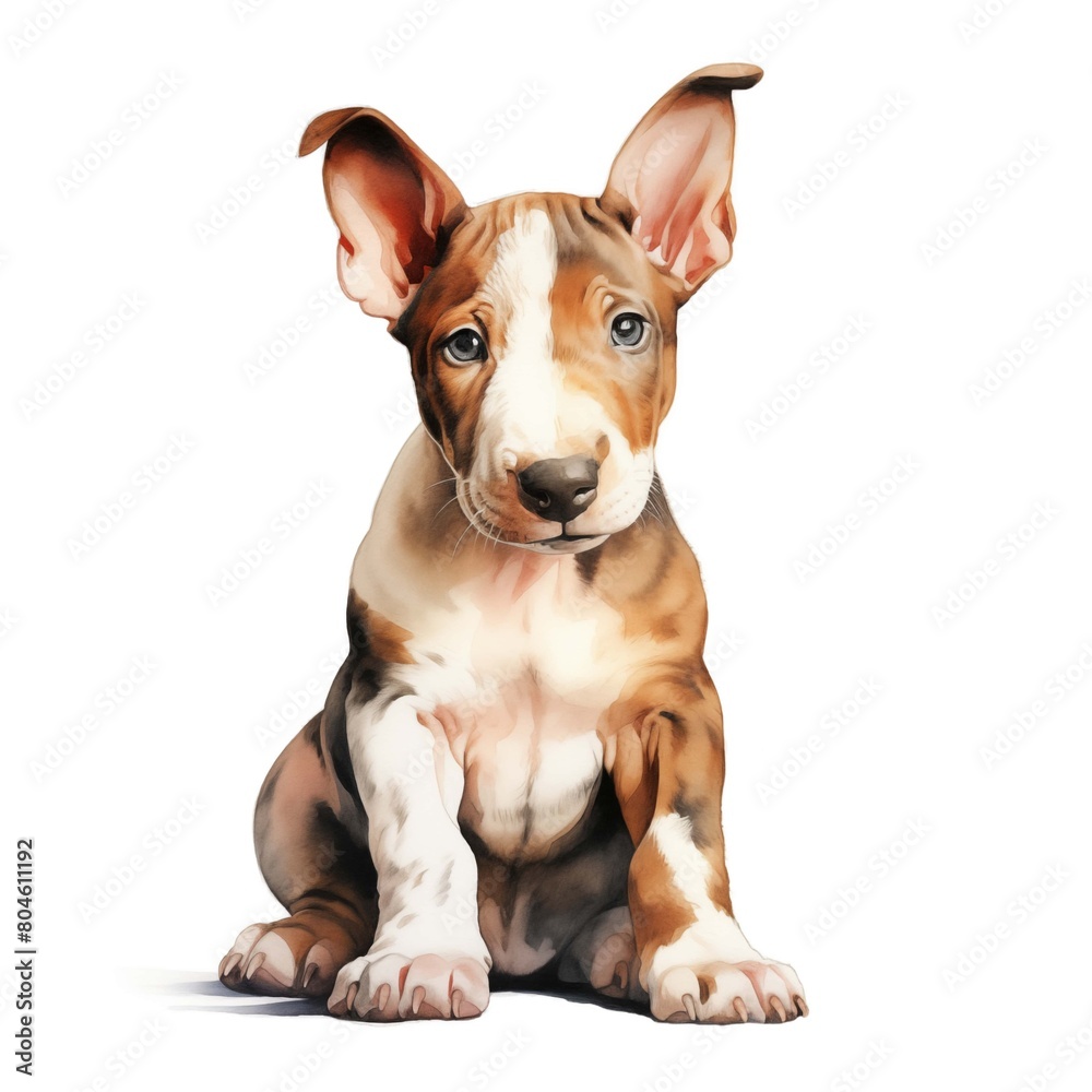 English bull terrier. Bully terrier. Puppy dog. Watercolor illustration. Generative AI. Detailed illustration.