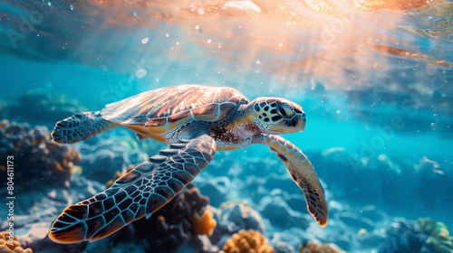 A turtle swimming in the ocean photo