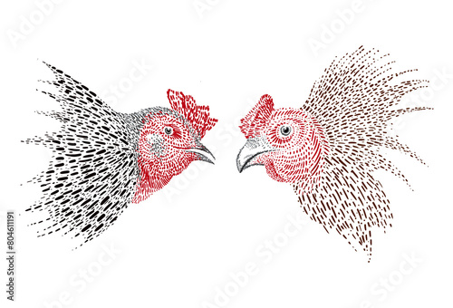 Quadro em tela Cock Fight Hand Drawn Digital Illustration in Black and Red