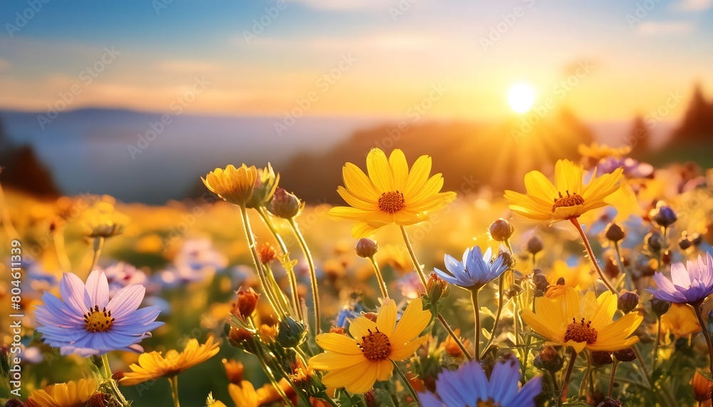 Field of flowers in a sunny morning in summer