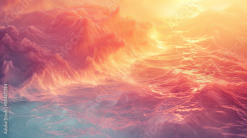 A colorful ocean scene with pink and orange waves