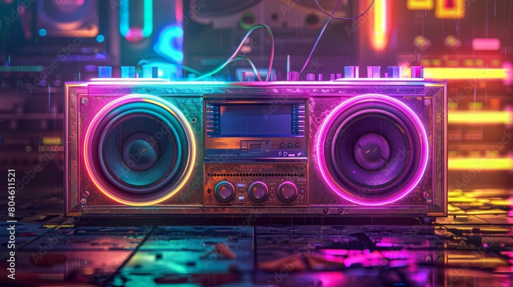 A boombox with colorful lights on top of it, adding a vibrant and dynamic touch to the scene. A boombox with colorful lights on top of it, adding a vibrant and dynamic touch to the scene.