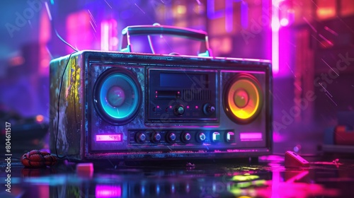 A boombox with colorful lights on top of it, adding a vibrant and dynamic touch to the scene.