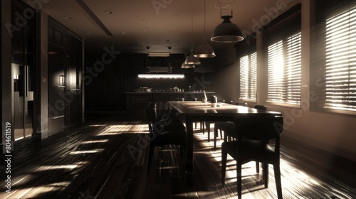 A clear and concise dining room, with an ammo lite texture, and a black light effect. photo