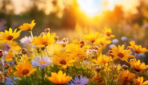 Field of flowers in a sunny morning in summer