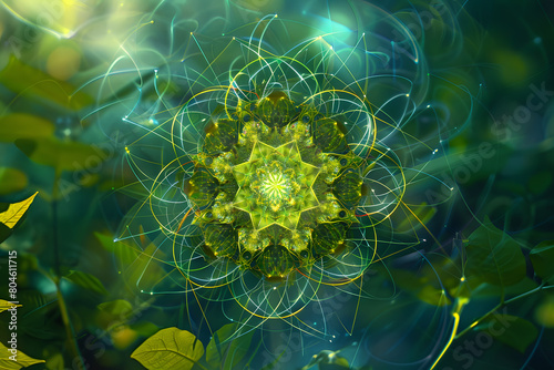 Sacred geometry background composition based on plants fractals. Green tones.
