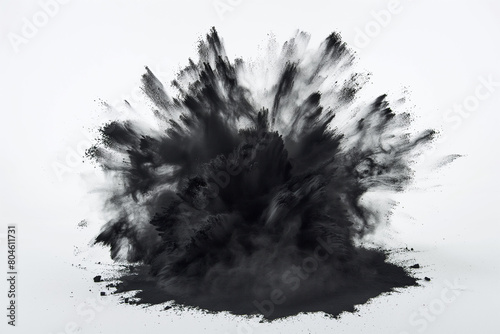 black and white splashes, Against the stark white backdrop, the black charcoal powder stands out in stark contrast, creating a bold and dramatic visual statement that commands attention and captures t
